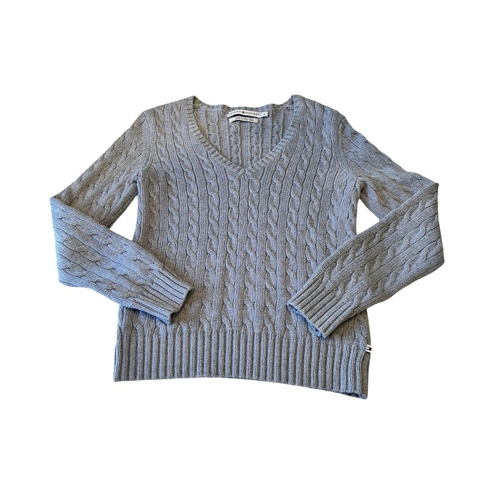 Tommy Hilfiger Womens V-Neck Cable Knit Sweater Gray Cotton NAM-HNT 0372111 M